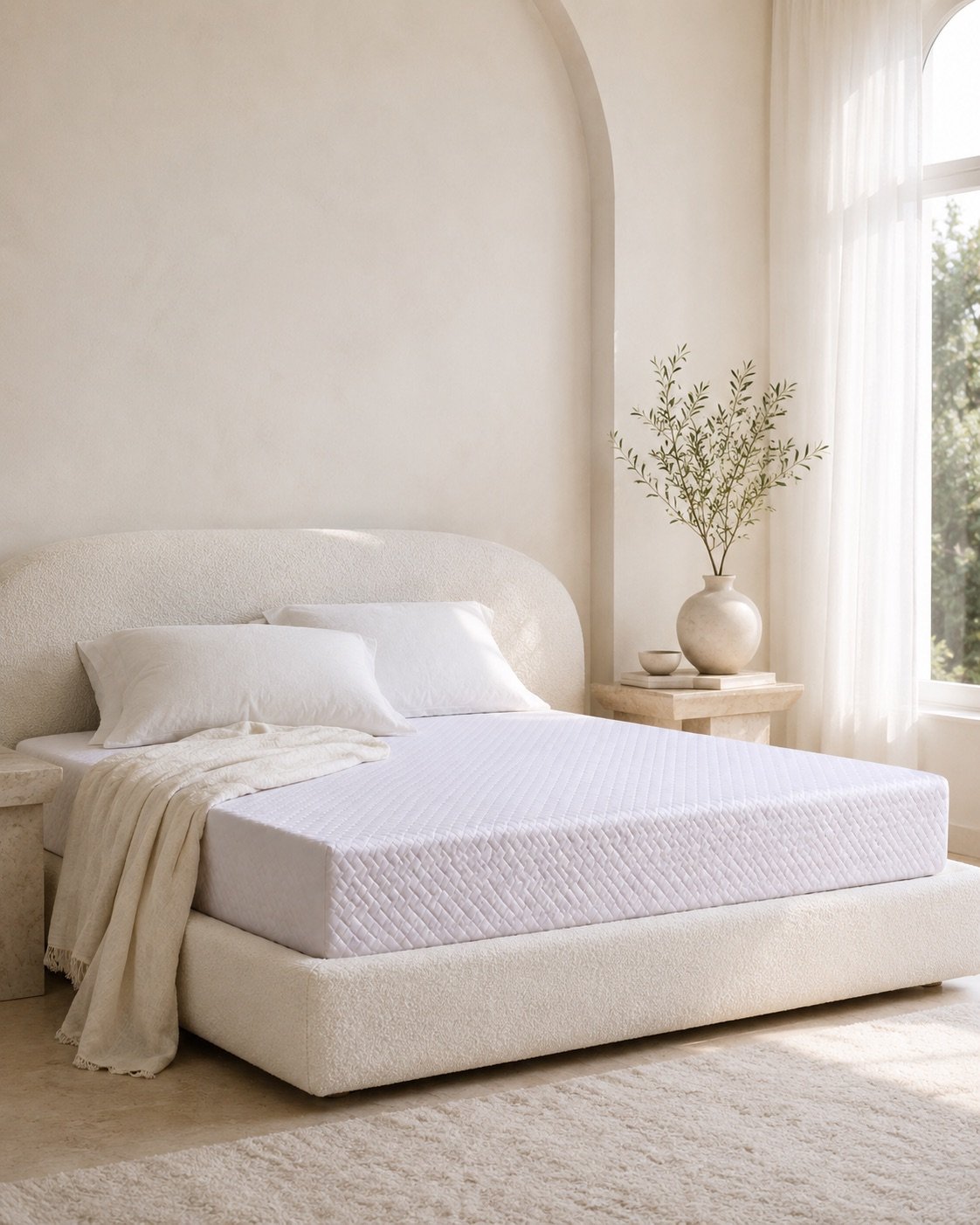 Espuma Plus 8-inch mattress in an arched porcelain bedroom