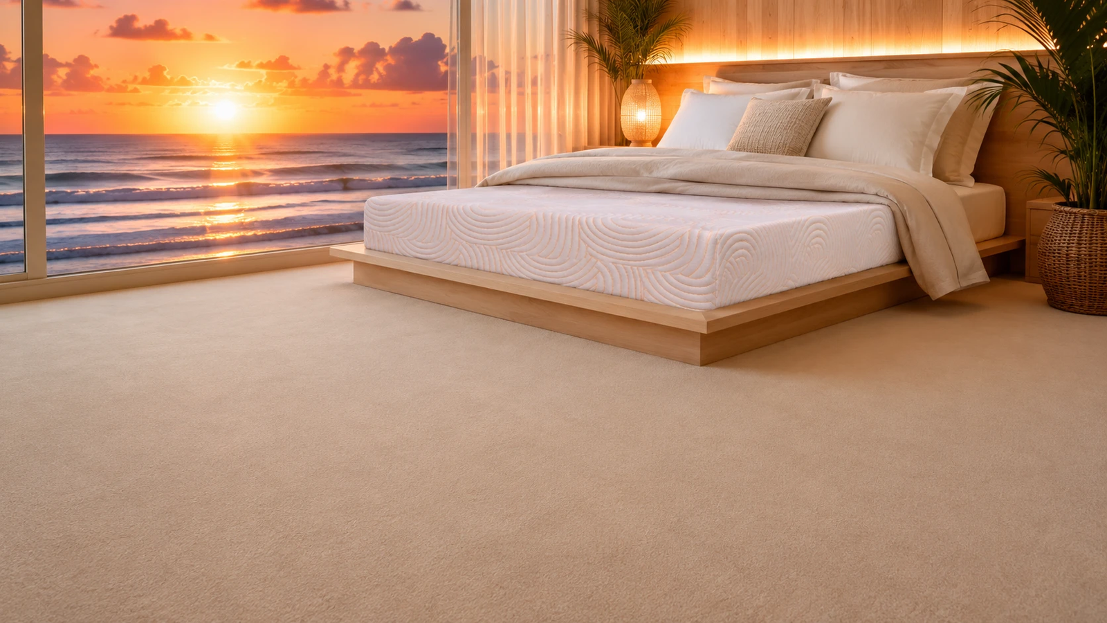 The Feliz mattress in a beachfront bedroom at sunset
