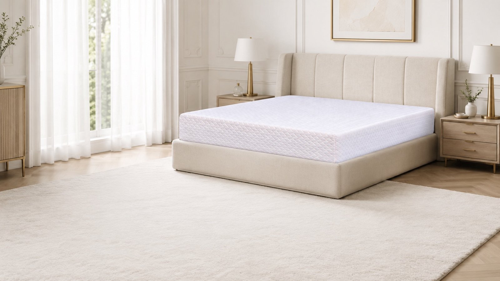 The Espuma mattress in a porcelain bedroom