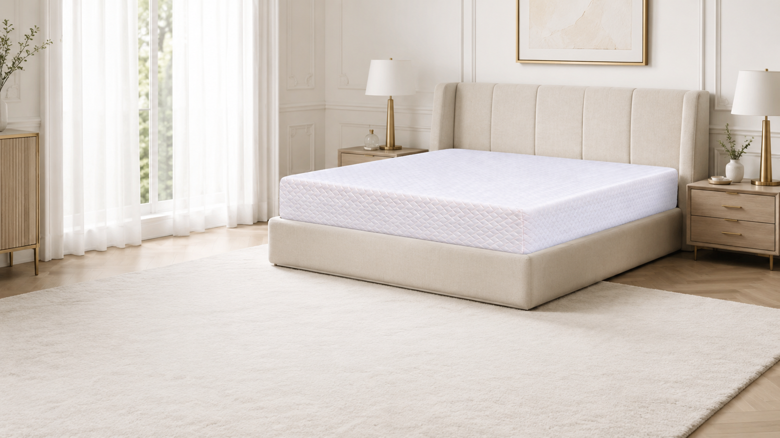 The Espuma mattress in a porcelain bedroom