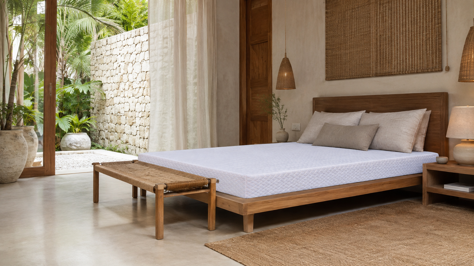 The Sueno mattress in a sunlit tropical bedroom